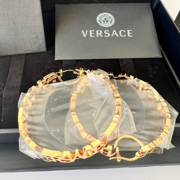 Versace Logo Hoop Earrings Gold Tone - Picture 3 of 10